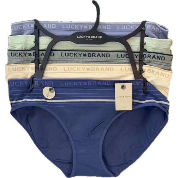 Lucky Brand XL Blue-Cream-Gray Array Logo Waistband Seamless Bikini Panties-5 Pk - Picture 2 of 4
